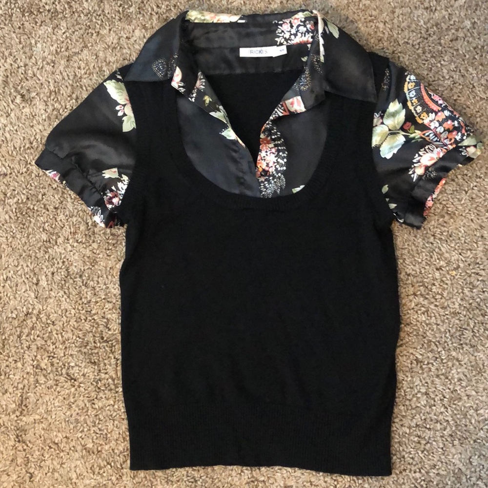 Rickis Floral Button Up Satin Sweater Vest Blouse Size M